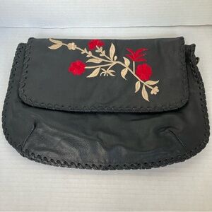 Black Leather Clutch Bag with Red Floral‎ Embroidery Zipper Top and Pocket 9x13”